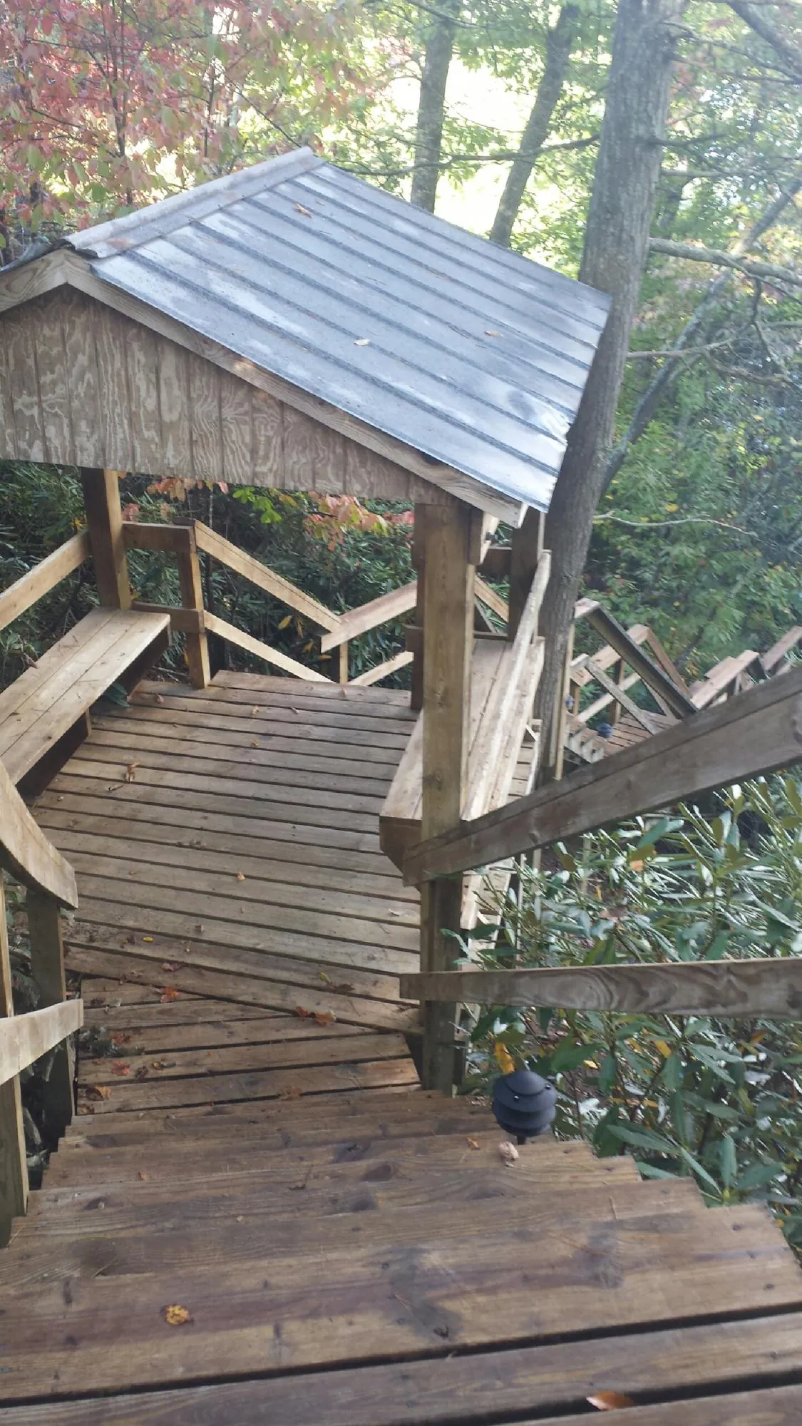 Metal roofed shelter over wooden steps on a wooded walkway — Skylight Repair & Installation work by our crew in Alverton